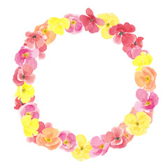 Obraz premium Watercolor hand drawn circle floral wreath with multi colored wild meadow poppies flowers. Frame with copy space isolated on white background