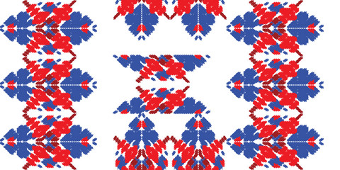 Red and blue embroidery ornament. Fashion texture for fabric textile.