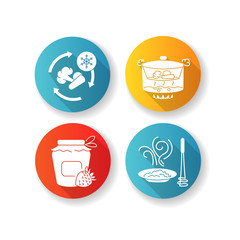 Culinary methods flat design long shadow glyph icons set. Products preparation and conservation techniques. Food freezing, canning, steaming and puree silhouette RGB color illustrations