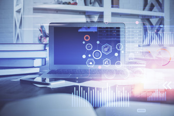 Technology theme drawing and work space with computer. Double exposure. Concept of innovation.