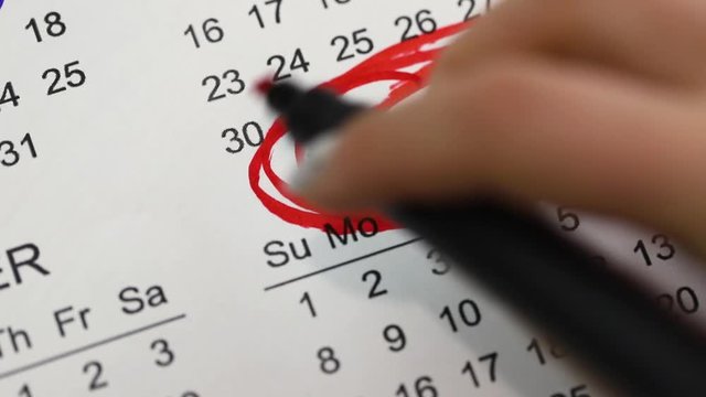 Mark the month of NOVEMBER on the calendar with a red marker. A female hand circles the month of November on the calendar in red. Event date.