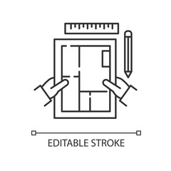 Interior designer pixel perfect linear icon. Premises design, apartment architectural plan. Thin line customizable illustration. Contour symbol. Vector isolated outline drawing. Editable stroke