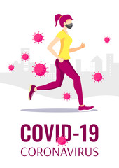 Banner design for Coronavirus, Medicine, Health care, Immunity. Young woman running in mask and viruses. A4 Vector illustration for poster, banner, website, flyer.