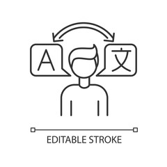 Translator pixel perfect linear icon. Interpretation, translation, international communication. Thin line customizable illustration. Contour symbol. Vector isolated outline drawing. Editable stroke