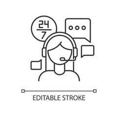 Customer service jobs pixel perfect linear icon. 24 hours assistance, client technical support. Thin line customizable illustration. Contour symbol. Vector isolated outline drawing. Editable stroke