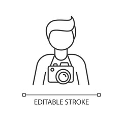 Freelance photographer, operator pixel perfect linear icon. Photojournalist, paparazzi. Thin line customizable illustration. Contour symbol. Vector isolated outline drawing. Editable stroke