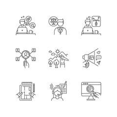 Fototapeta premium Remote jobs pixel perfect linear icons set. Creative and graphic design, HR management, web research. Customizable thin line contour symbols. Isolated vector outline illustrations. Editable stroke