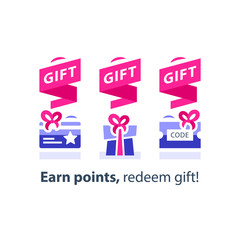Loyalty gift, reward for purchase, earn points and redeem special present, lottery prize