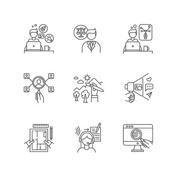 Remote jobs pixel perfect linear icons set. Creative and graphic design, HR management, web research. Customizable thin line contour symbols. Isolated vector outline illustrations. Editable stroke