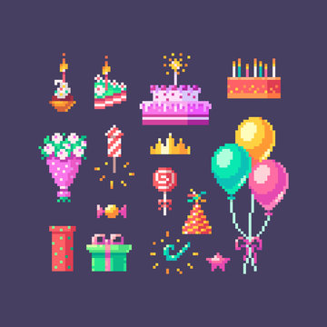Pixel art birthday set. Cute bright icons on birthday party.