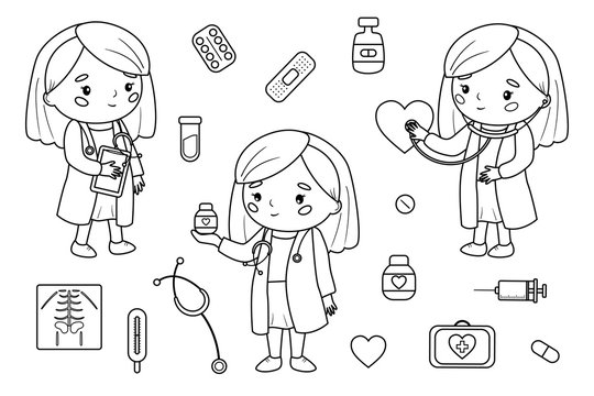 Coloring page for children. Set of cartoon kawaii doctor with medicine tools. Black and white outline illustration.