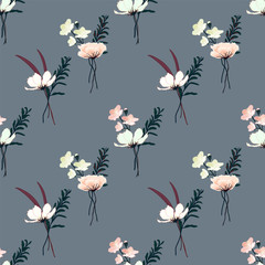 Decorative seamless floral pattern with hand drawn vintage flowers. Wallpaper with lily, camellia rose, sakura cherry blossom, grass and leaves bouquet on grey background, vector eps 10 illustration.