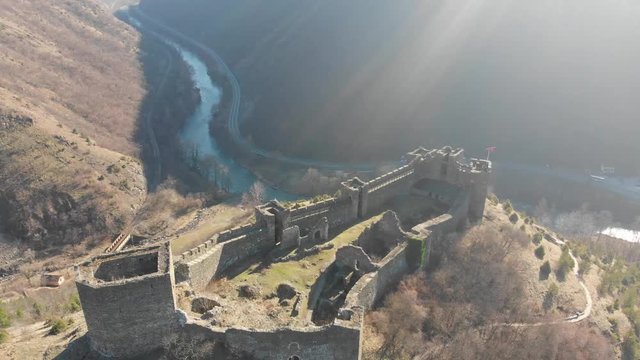 Aerial view of medieval fortress on the hill in sunny day, Maglic, Serbia