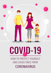 Banner design for Coronavirus, Medicine, Health care, Family. Young family in masks and viruses. A4 Vector illustration for poster, banner, flyer, cover.