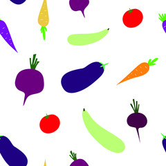 Seamless pattern with fresh organic vegetables-zucchini, carrots, eggplant, tomatoes, beets, scattered on a white background. Vector illustration for textile printing, wrapping paper.