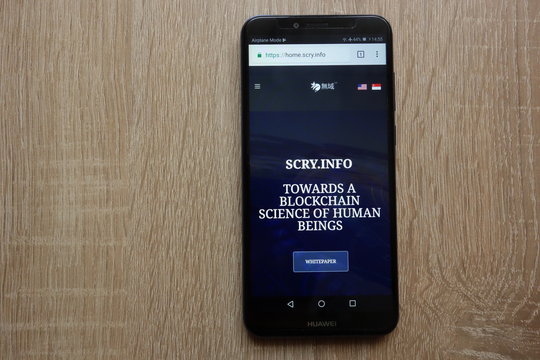 KONSKIE, POLAND - JULY 01, 2018: SCRY.info (DDD) cryptocurrency website displayed on Huawei Y6 2018 smartphone