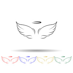Naklejka premium Wings, crown hand drawn multi color icon. Simple thin line, outline vector of wings crown icons for ui and ux, website or mobile application