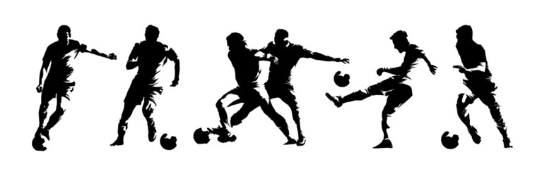 Soccer players, group of footballers. Set of isolated vector silhouettes. Ink drawing. Team sport © michalsanca