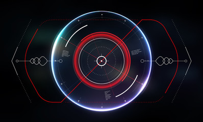 Sci-Fi Futuristic HUD design. Interactive radar dashboard or target capture system. Vitrual Reality Technology Screen. Neon military HUD interface. Vector illustration