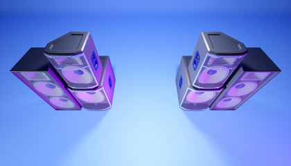 blue speaker system on a blue background in purple lighting