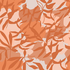 Contemporary collage seamless pattern. Terracotta abstract shapes and tropical leaves. Texture for textile, packaging, wrapping paper, social media post etc. Vector illustration.