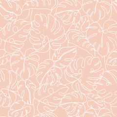Contemporary floral seamless pattern. One line continuous monstera leaves. Texture for textile, packaging, wrapping paper, social media post etc. Vector illustration.