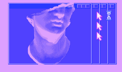 Sculpture in 8-bit pixel art style, old Hellenistic marble bust or Colossal head of a youth. Vaporwave retro style illustration.