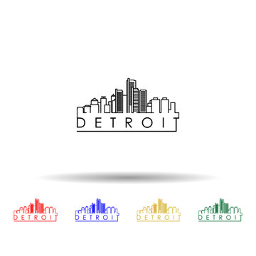 Linear detroit city silhouette with typographic design multi color icon. Simple thin line, outline vector of cities icons for ui and ux, website or mobile application