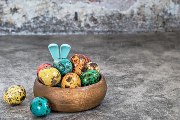 Happy Easter, quail painted spotted eggs in a wooden bowl on a blue concrete background and rabbit ears, a symbol of the spring Orthodox and Catholic holiday
