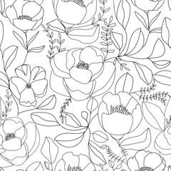 Foto op Plexiglas Lijnkunst Hedendaags natuur naadloos patroon. Een lijn verschillende bloemen en bladeren. Textuur voor textiel, verpakking, inpakpapier, social media post enz. Vectorillustratie op witte achtergrond.