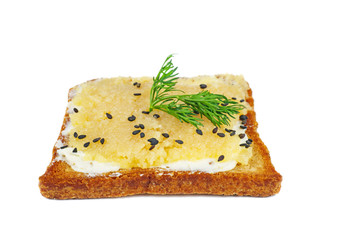 Bread piece with delicious cod caviar on white background