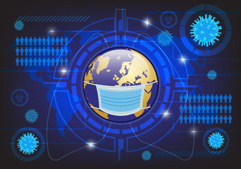 Vector Illustration of Coronavirus of Covid-19 background as dangerous viral strain case as a pandemic medical health risk concept with dangerous cells and Globe 