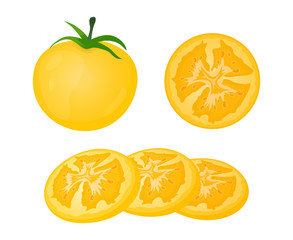 Fresh yellow tomato and slices isolated on white background. Juicy ripe tomato. Vector Illustration.