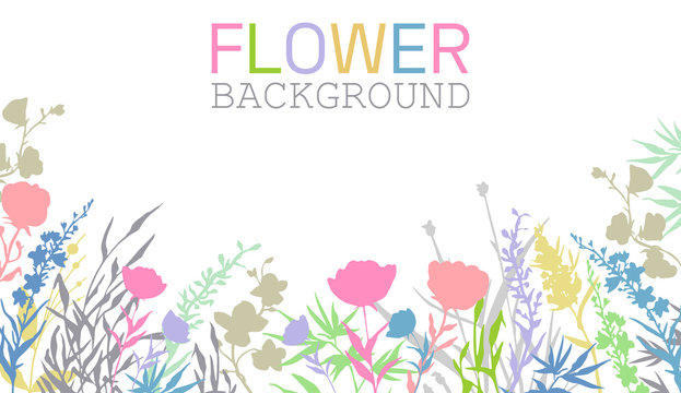 Summer blooming background with wild flowers and grass silhouettes.