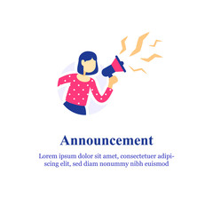 Event announcement, woman holding megaphone and shouting, special offer concept, refer a friend program