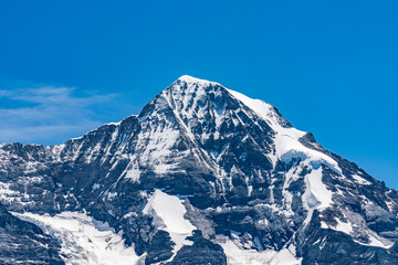 Switzerland, Panoramic view on Eiger, Monch and Jungfraujoch and green Alps around Mannlichen