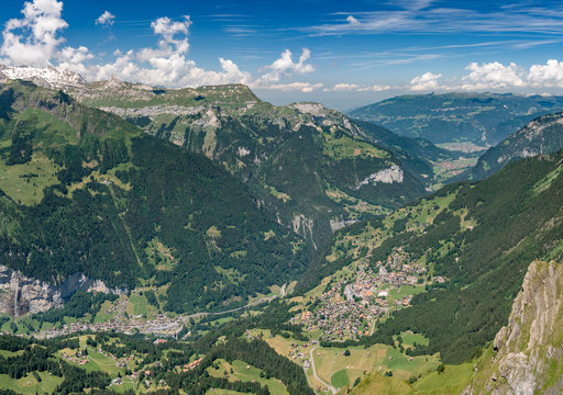 Switzerland, Panoramic view on Wengen and green Alps around Mannlichen