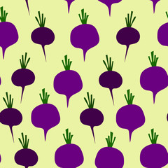 Seamless pattern with beets scattered on a beige background. Vector illustration for textile printing, wrapping paper.Vegetarian healthy food. Vegan, farm, organic, natural