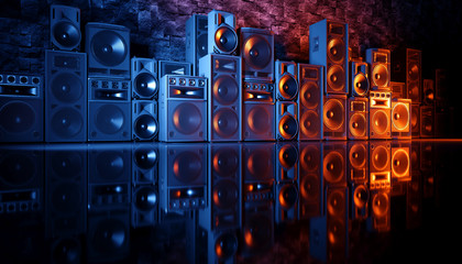speaker system on a black background in blue and orange lighting