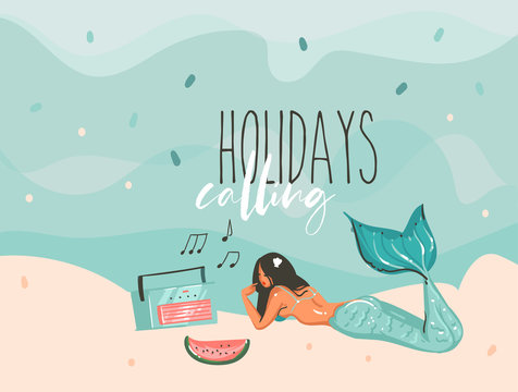 Hand drawn vector stock abstract graphic illustration with a sunbathing mermaid young girl lying on ocean beach seashore and Holidays calling typography text isolated on colour background