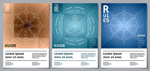 Three flyers templates with radial pattern, anchor and boat wheel.