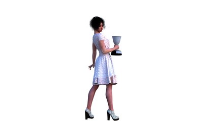 one young brunette in a full-length dress holds a silver cup of an unnamed winner and looks at the camera smiling