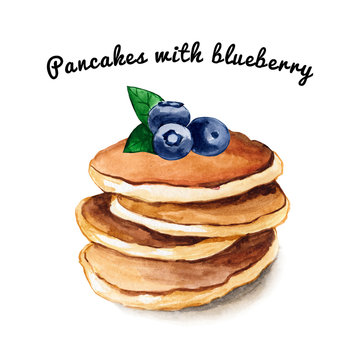 Watercolor pancakes with blueberry on top illustration isolated on white background