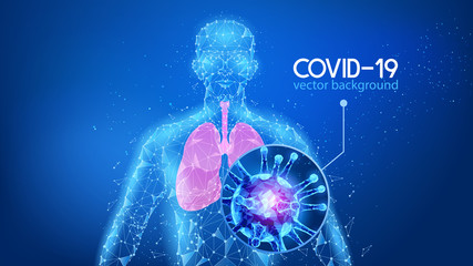 Blue polygonal background. Vector. Virus Covid-19. Pandemic and epidemic of coronavirus. The medicine. Image of infected human lungs under a microscope. 3d illustration. Place for your text.