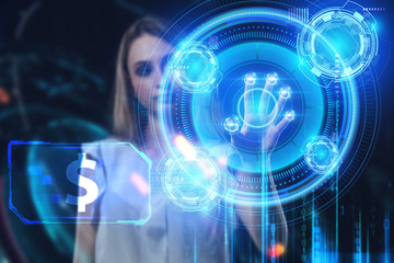 Fototapeta premium Business, Technology, Internet and network concept. Young businessman working on a virtual screen of the future and sees the inscription: