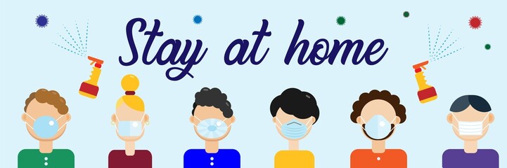 Stay home social media campaign and coronavirus prevention. Coronavirus prevention.Communication concept. People in protective face mask.Health care concept.Self-quarantine home