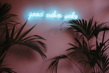 Schriftzug "only good vibes" in Neon mit Palmen 
