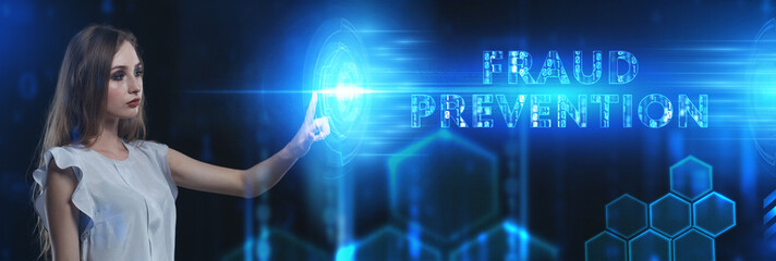Business, Technology, Internet and network concept. Young businessman working on a virtual screen of the future and sees the inscription: Fraud prevention