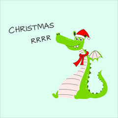 Dinosaur dressed as Santa Claus. Vector illustration of a funny character in cartoon flat style.
