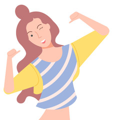 Female character with positive face expression vector, isolated woman wearing crop top and jacket, gesturing and smiling. Winking girl with fancy hair